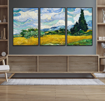 97252-MGV-FC-60X30-3P_Black-Wheat Field with Cypress – Van Gogh Wall Art, Impressionist Landscape Canvas Print, Rustic Home Decor for Living Room or Office