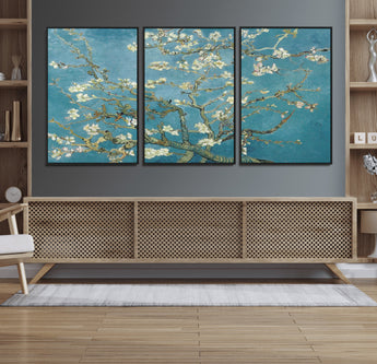 65607-MGV-FC-60X30-3P_Black-Almond Blossom Wall Art – Van Gogh Blue Floral Canvas Print, Elegant Impressionist Painting Decor for Living Room, Bedroom or