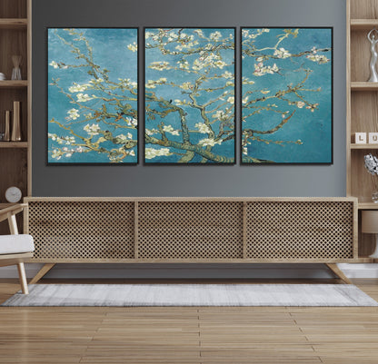 65607-MGV-FC-60X30-3P_Black-Almond Blossom Wall Art – Van Gogh Blue Floral Canvas Print, Elegant Impressionist Painting Decor for Living Room, Bedroom or