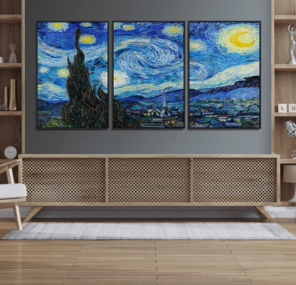 39177-MGV-FC-60X30-3P_Black-Starry Night Wall Art – Vincent van Gogh Famous Painting Canvas Print, Timeless Starry Sky Decor for Living Room, Bedroom or
