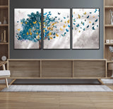 37564-MGV-FC-60X30-3P_Black-Butterfly Tree Wall Art – Modern Nature Canvas Print with Blue and Golden Butterflies, Elegant Decorative Painting for Living Room