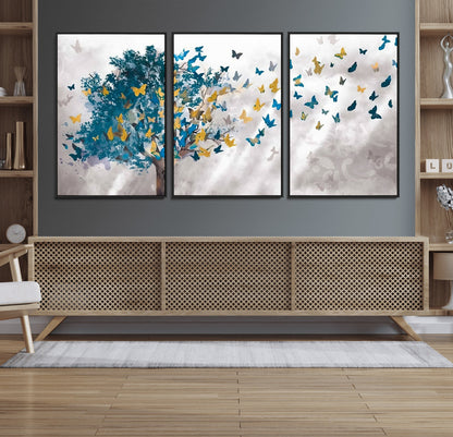 37564-MGV-FC-60X30-3P_Black-Butterfly Tree Wall Art – Modern Nature Canvas Print with Blue and Golden Butterflies, Elegant Decorative Painting for Living Room