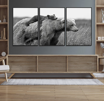76338-MGV-FC-60X30-3P_Black-Mother Bear and Cub Wall Art – Black and White Wildlife Canvas Print, Rustic Nature Photography for Cabin, Living Room or Office