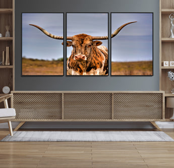 18594-MGV-FC-60X30-3P_Black-Texas Longhorn Bull Wall Art – Rustic Western Cattle Canvas Print, Country Farmhouse Decor for Living Room, Office or Cabin