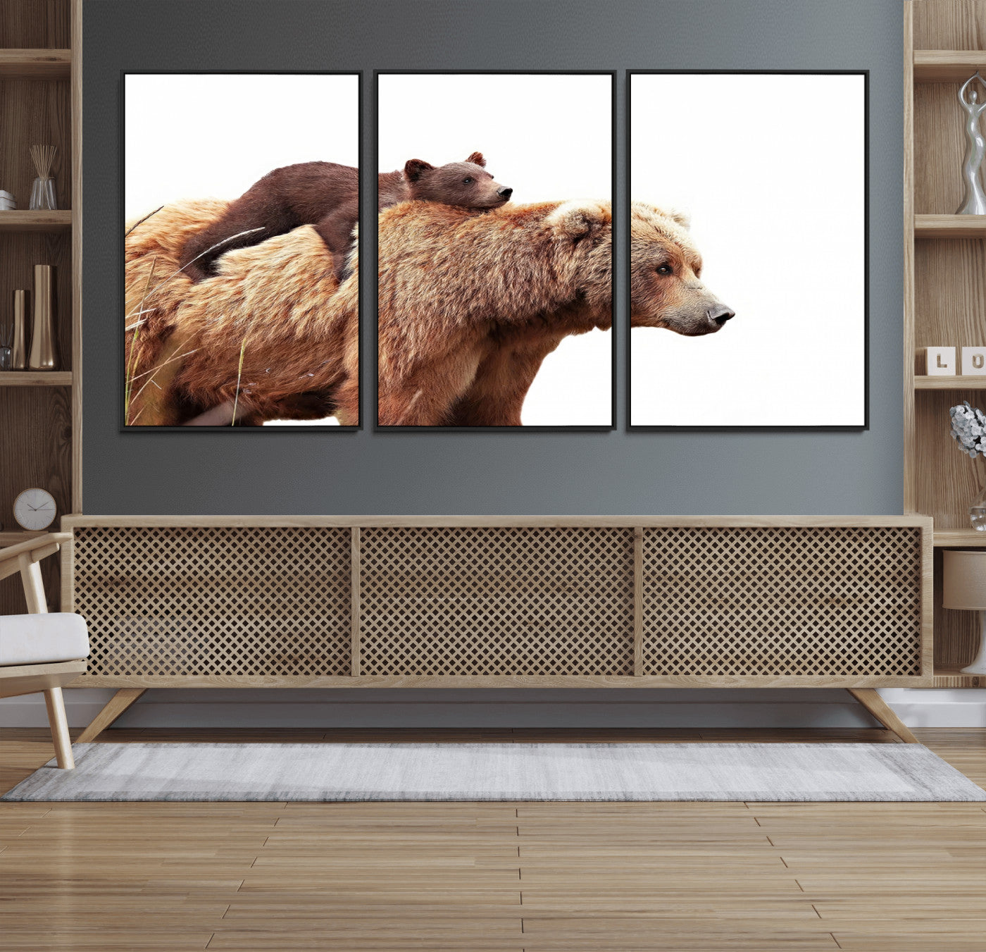 76943-MGV-FC-60X30-3P_Black-Mom Bear Wall Art Canvas Print, Framed Bear Photography Art Picture Print, Rustic Bear and Cub Perfect Rustic Farmhouse Decor