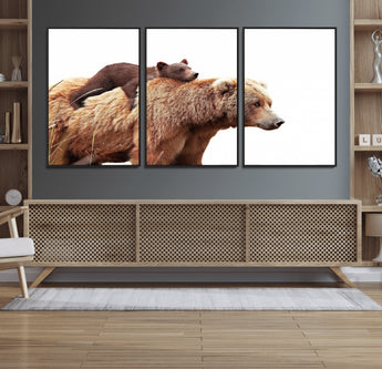 76943-MGV-FC-60X30-3P_Black-Mom Bear Wall Art Canvas Print, Framed Bear Photography Art Picture Print, Rustic Bear and Cub Perfect Rustic Farmhouse Decor