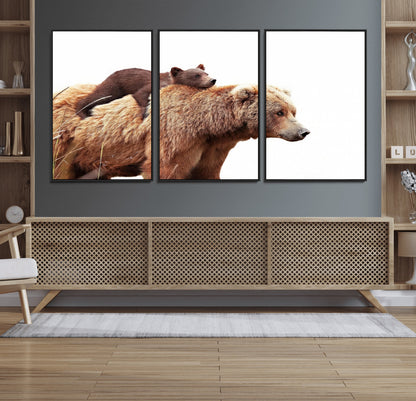 76943-MGV-FC-60X30-3P_Black-Mom Bear Wall Art Canvas Print, Framed Bear Photography Art Picture Print, Rustic Bear and Cub Perfect Rustic Farmhouse Decor