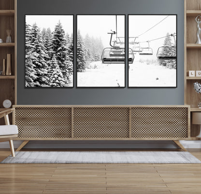 70609-MGV-FC-60X30-3P_Black-Snowy Ski Lift Wall Art – Black and White Winter Mountain Landscape Canvas Print, Rustic Lodge Decor for Cabin, Living Room or