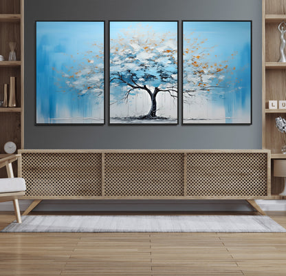 25021-MGV-FC-60X30-3P_Black-Abstract Tree Wall Art – Blue and White Canvas Painting with Gold Accents, Modern Nature-Inspired Artwork for Living Room, Bedroom