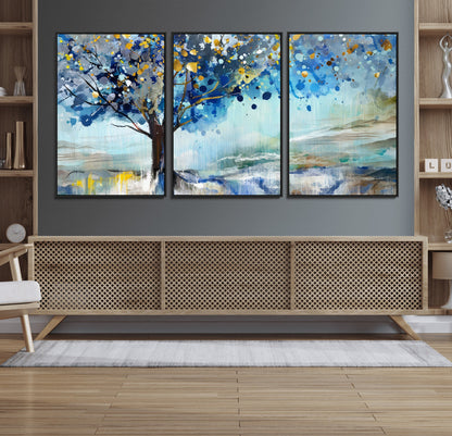 17018-MGV-FC-60X30-3P_Black-Abstract Blue Tree Wall Art – Colorful Canvas Painting with Gold and Silver Accents, Modern Nature Artwork for Living Room,