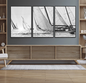 Boat-1-MGV-FC-60X30-3P_Black-Sailboat Racing Wall Art – Nautical Black and White Canvas Print, Ocean Adventure Decor for Office, Living Room or Bedroom