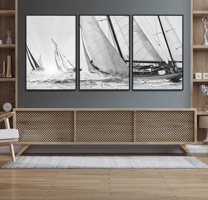 Boat-1-MGV-FC-60X30-3P_Black-Sailboat Racing Wall Art – Nautical Black and White Canvas Print, Ocean Adventure Decor for Office, Living Room or Bedroom