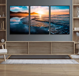26494-MGV-FC-60X30-3P_Black-Ocean Sunset Wall Art – Scenic Beach Canvas Print with Waves and Mountains, Coastal Seascape Photography for Living Room, Bedroom