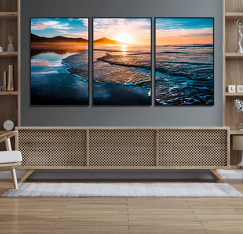 26494-MGV-FC-60X30-3P_Black-Ocean Sunset Wall Art – Scenic Beach Canvas Print with Waves and Mountains, Coastal Seascape Photography for Living Room, Bedroom