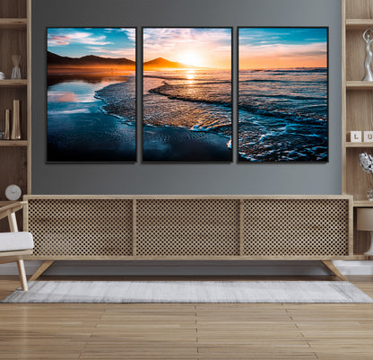 26494-MGV-FC-60X30-3P_Black-Ocean Sunset Wall Art – Scenic Beach Canvas Print with Waves and Mountains, Coastal Seascape Photography for Living Room, Bedroom