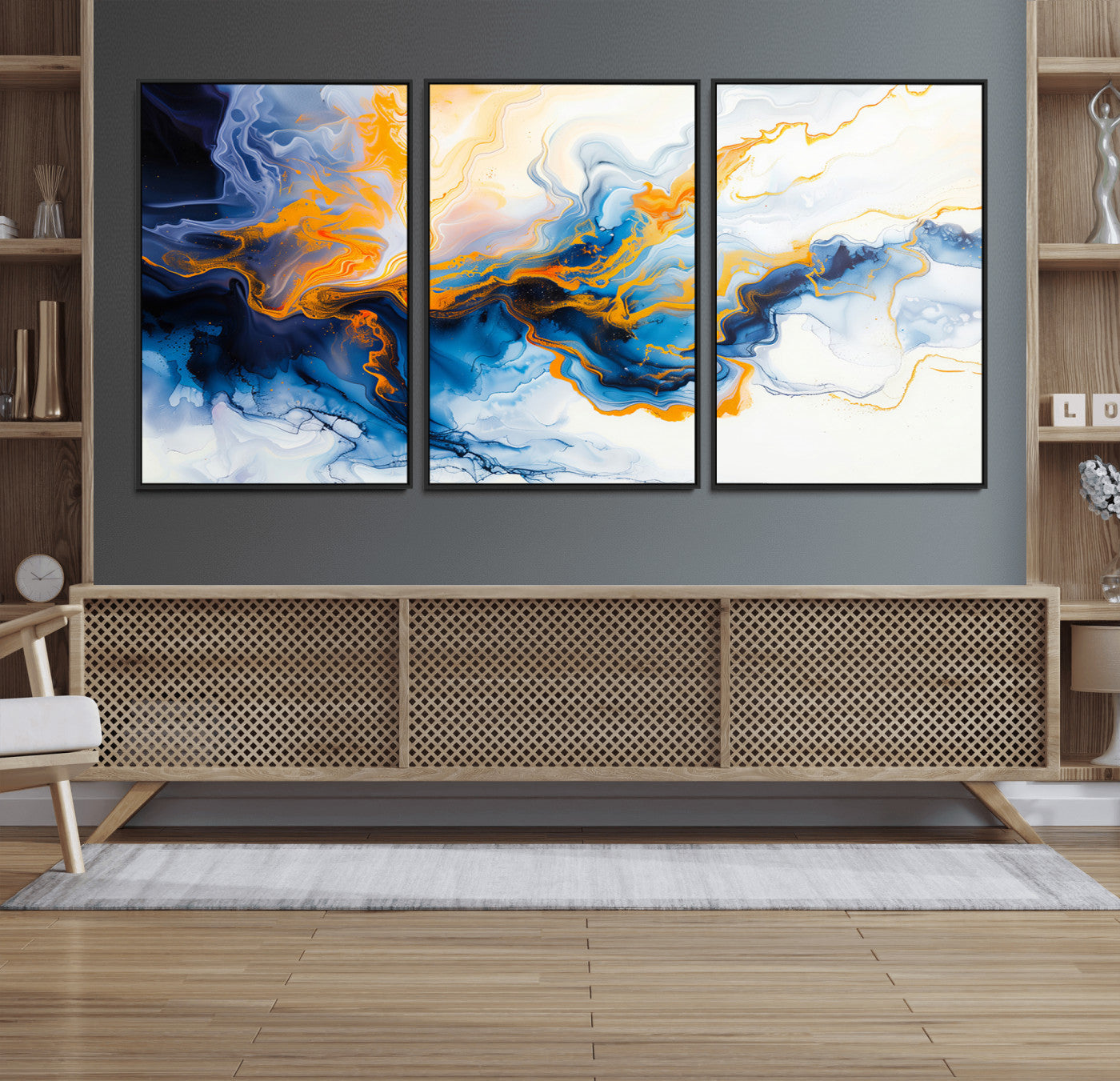 83720-MGV-CV-36X24-Abstract Fluid Wall Art – Blue, White and Gold Swirl Canvas Painting, Modern Contemporary Artwork for Living Room, Bedroom or