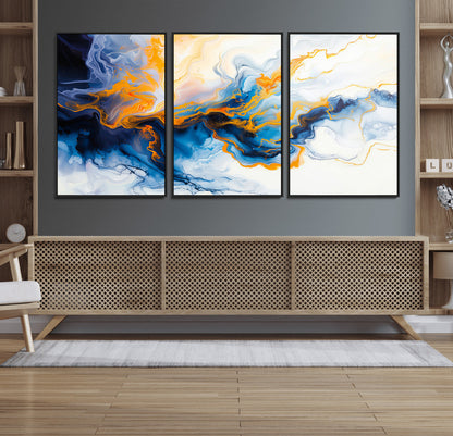 83720-MGV-CV-36X24-Abstract Fluid Wall Art – Blue, White and Gold Swirl Canvas Painting, Modern Contemporary Artwork for Living Room, Bedroom or
