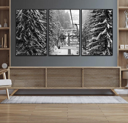 19240-MGV-FC-60X30-3P_Black-Ski Lift Wall Art – Black and White Winter Mountain Canvas Print, Snowy Forest Ski Resort Photography for Cabin, Lodge, Office or