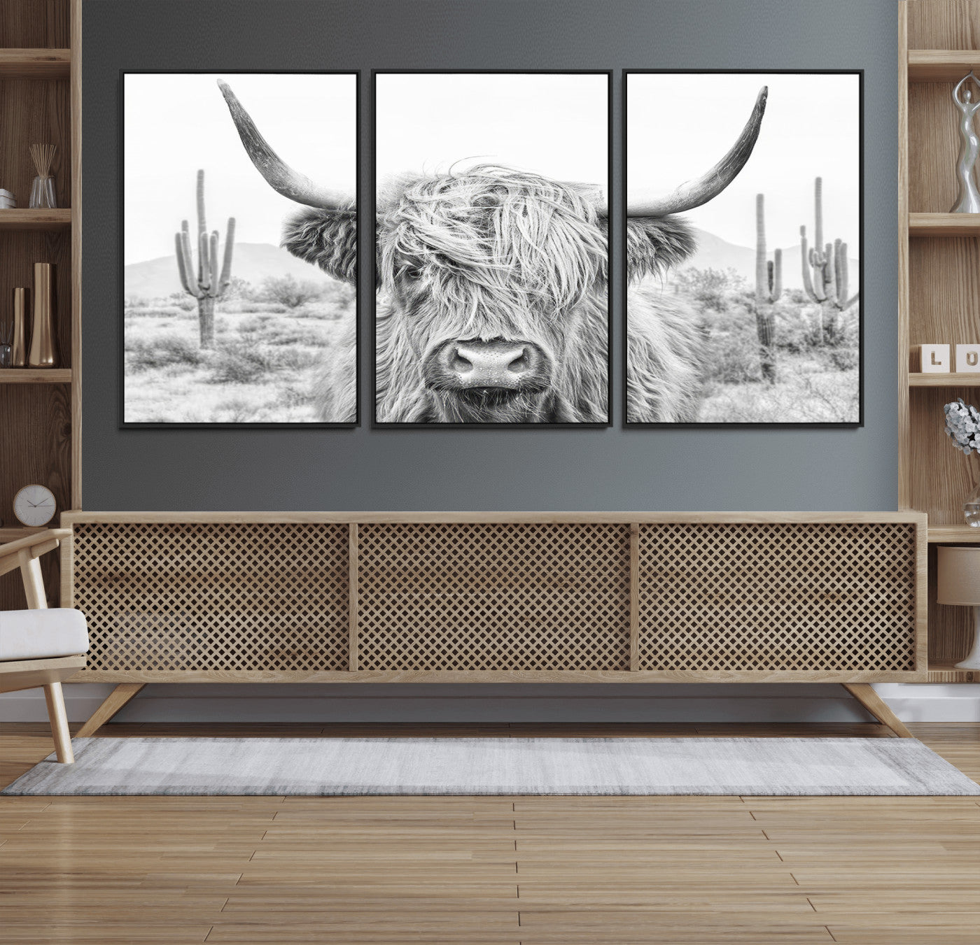 94579-MGV-FC-60X30-3P_Black-Highland Cow Wall Art – Black and White Longhorn Canvas Print, Rustic Western Farmhouse Animal Photography for Living Room,