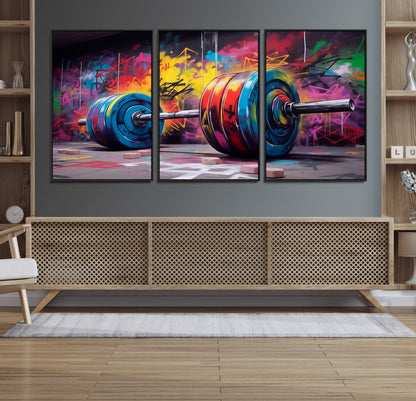 13549-MGV-FC-60X30-3P_Black-Graffiti Gym Wall Art Canvas Print, Framed Graffiti Barbell Art Picture Print, Weightlifting Perfect Fitness Studio Decor Artwork