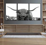 58188-MGV-FC-60X30-3P_Black-Highland Cow Wall Art – Black and White Rustic Farmhouse Canvas Print, Longhorn Cattle Photography Decor for Living Room or