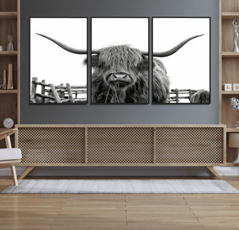 58188-MGV-FC-60X30-3P_Black-Highland Cow Wall Art – Black and White Rustic Farmhouse Canvas Print, Longhorn Cattle Photography Decor for Living Room or