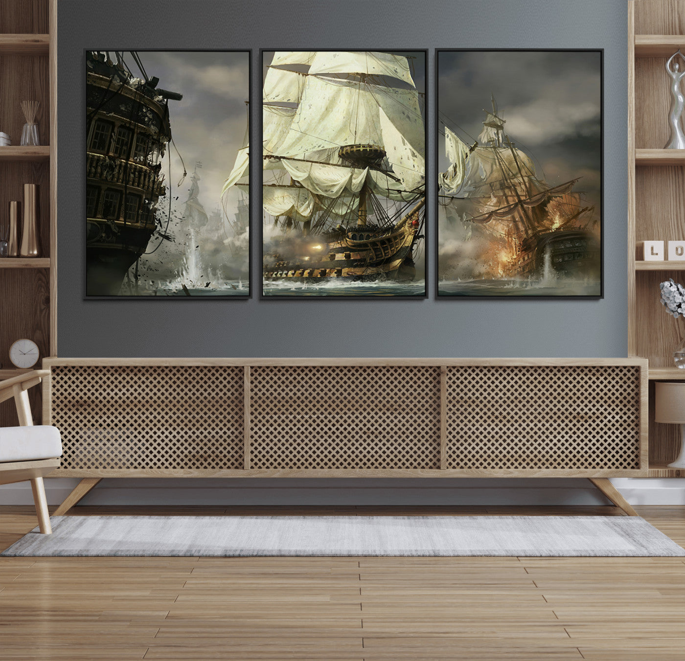26512-MGV-FC-60X30-3P_Black-Naval Battle Wall Art – Dramatic Tall Ship Canvas Print, Historic Pirate Sailing War Scene, Nautical Decor for Office, Study or