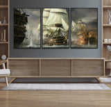 26512-MGV-FC-60X30-3P_Black-Naval Battle Wall Art – Dramatic Tall Ship Canvas Print, Historic Pirate Sailing War Scene, Nautical Decor for Office, Study or