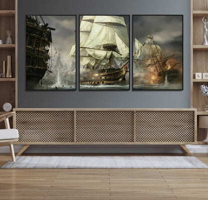 26512-MGV-FC-60X30-3P_Black-Naval Battle Wall Art – Dramatic Tall Ship Canvas Print, Historic Pirate Sailing War Scene, Nautical Decor for Office, Study or