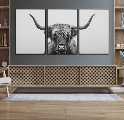 35820-MGV-FC-60X30-3P_Black-Minimalist Highland Cow Wall Art – Black and White Longhorn Cattle Canvas Print, Modern Farmhouse Animal Photography Decor for