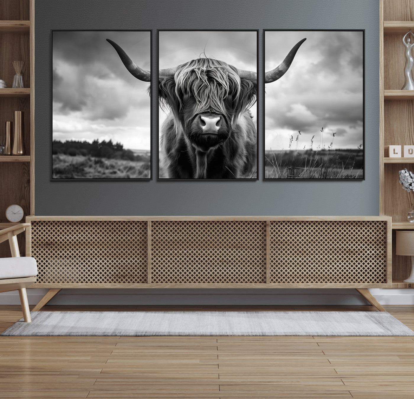 17924-MGV-FC-60X30-3P_Black-Highland Cow Wall Art – Black and White Rustic Longhorn Cattle Canvas Print, Farmhouse Animal Photography Decor for Country Home