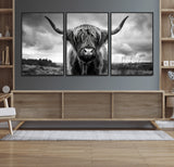 17924-MGV-FC-60X30-3P_Black-Highland Cow Wall Art – Black and White Rustic Longhorn Cattle Canvas Print, Farmhouse Animal Photography Decor for Country Home