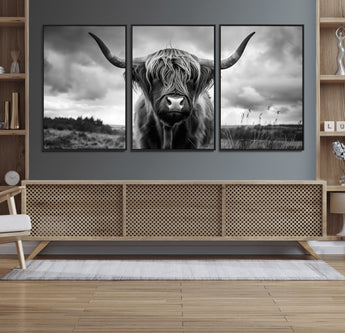 17924-MGV-FC-60X30-3P_Black-Highland Cow Wall Art – Black and White Rustic Longhorn Cattle Canvas Print, Farmhouse Animal Photography Decor for Country Home