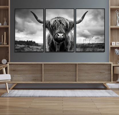 17924-MGV-FC-60X30-3P_Black-Highland Cow Wall Art – Black and White Rustic Longhorn Cattle Canvas Print, Farmhouse Animal Photography Decor for Country Home