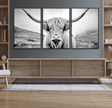 80564-MGV-FC-60X30-3P_Black-Highland Cow Wall Art – Black and White Scottish Highland Canvas Print, Rustic Farmhouse Decor for Living Room, Bedroom or Office
