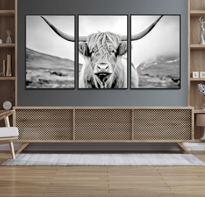 80564-MGV-FC-60X30-3P_Black-Highland Cow Wall Art – Black and White Scottish Highland Canvas Print, Rustic Farmhouse Decor for Living Room, Bedroom or Office