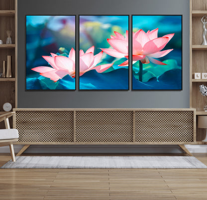 32559-MGV-FC-60X30-3P_Black-Lotus Flower Wall Art – Pink Water Lily Canvas Print, Tranquil Nature Decor for Living Room, Bedroom or Meditation Space