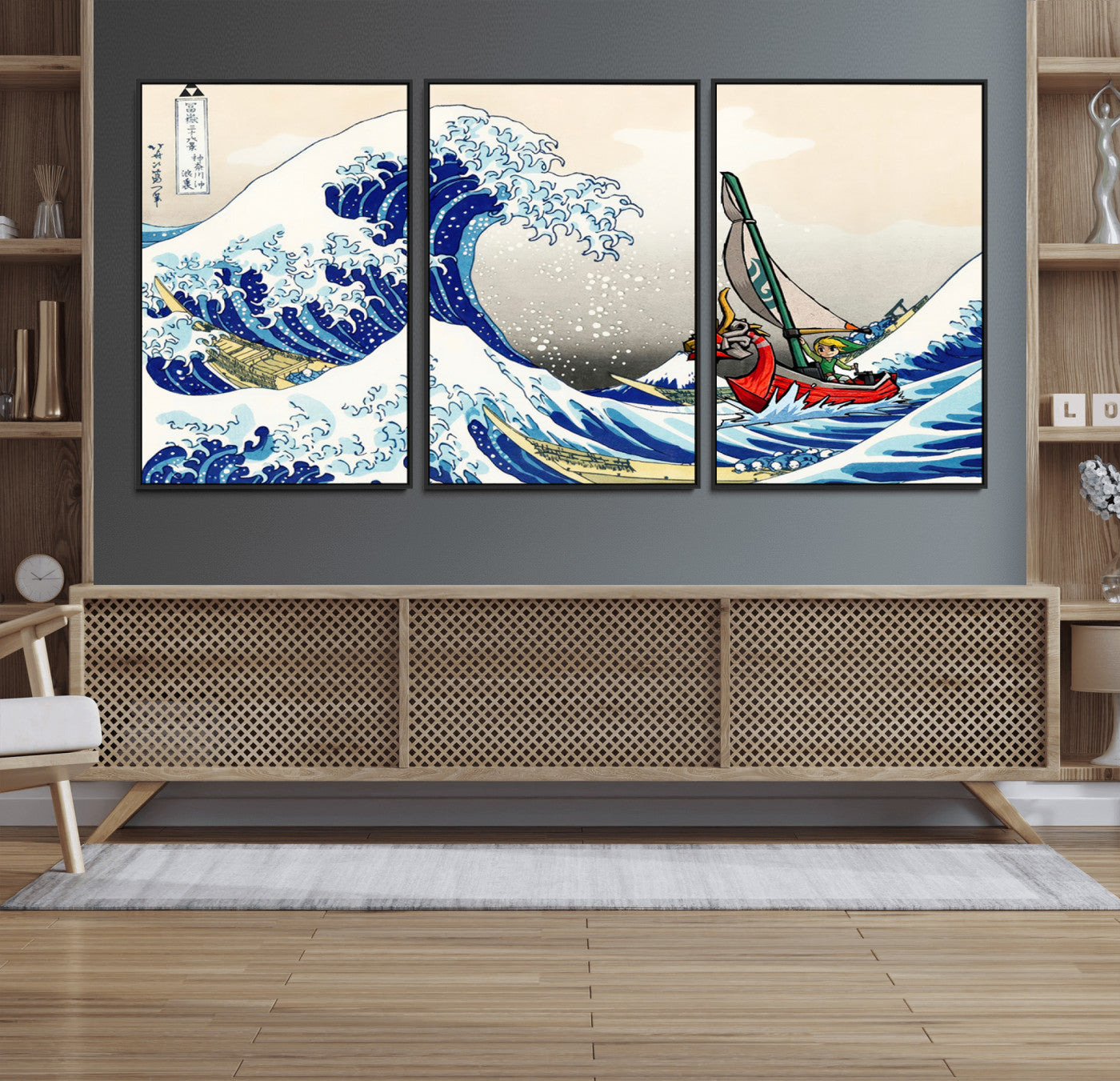 19450-MGV-FC-60X30-3P_Black-Great Wave Adventure Wall Art – Japanese Style Ocean Canvas Print, Fantasy Sailing Decor for Living Room, Bedroom or Office