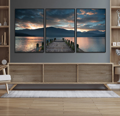 20442-MGV-FC-60X30-3P_Black-Lakeside Sunset Dock Wall Art – Peaceful Mountain Lake Canvas Print, Serene Nature Landscape Decor for Living Room, Bedroom or