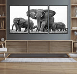 91685-MGV-FC-60X30-3P_Black-Elephant Herd Wall Art – Black and White Safari Canvas Print, African Wildlife Photography Decor for Living Room, Office or