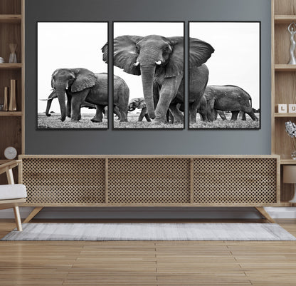91685-MGV-FC-60X30-3P_Black-Elephant Herd Wall Art – Black and White Safari Canvas Print, African Wildlife Photography Decor for Living Room, Office or