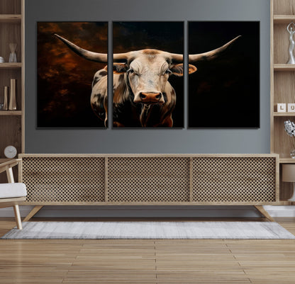 70522-MGV-FC-60X30-3P_Black-Longhorn Bull Wall Art – Striking Canvas Print of Majestic Bull, Premium Animal Decor for Home, Office, Man Cave, or Living Room