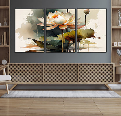 62531-MGV-FC-60X30-3P_Black-Lotus Flower Wall Art – Watercolor Botanical Canvas Print, Tranquil Nature Artwork for Living Room, Bedroom or Meditation Space