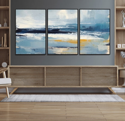 19746-MGV-FC-60X30-3P_Black-Abstract Ocean Wall Art – Modern Coastal Canvas Print with Blue, White and Gold Textures, Contemporary Seascape Painting for