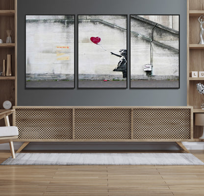 50559-MGV-FC-60X30-3P_Black-Banksy Girl with Balloon Wall Art – Famous Street Graffiti Canvas Print, Modern Urban Artwork for Living Room, Bedroom or Office
