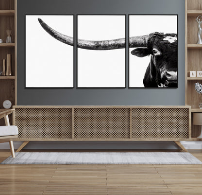 31699-MGV-FC-60X30-3P_Black-Longhorn Wall Art – Black and White Texas Longhorn Cow Canvas Print, Rustic Western Farmhouse Artwork for Living Room, Bedroom or