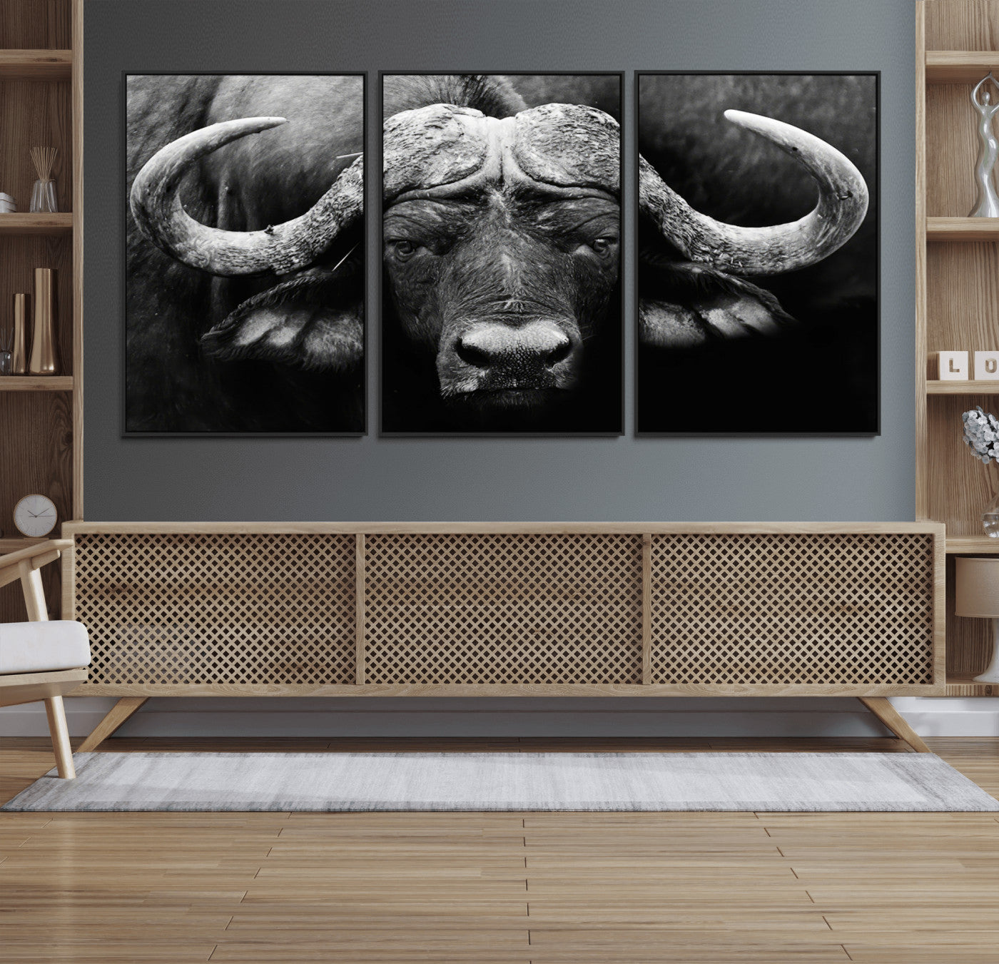 75273-MGV-FC-60X30-3P_Black-Buffalo Wall Art – Black and White African Buffalo Canvas Print, Rustic Wildlife Animal Artwork for Farmhouse, Living Room,