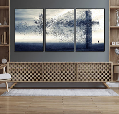 55718-MGV-FC-60X30-3P_Black-Surreal Cross Wall Art – Spiritual Faith Canvas Print, Abstract Christian Artwork with Modern Religious Symbol for Living Room,