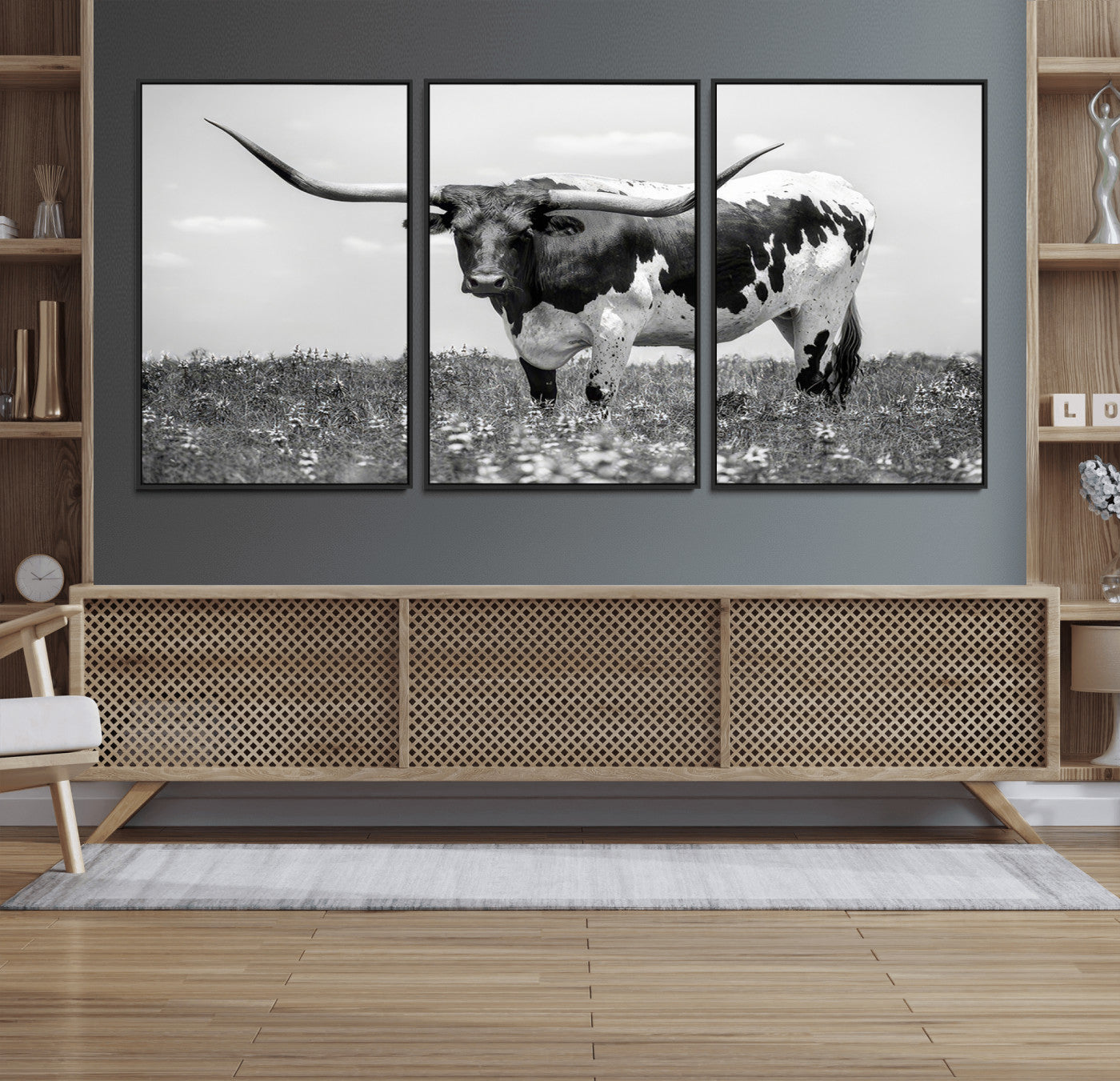 94709-MGV-FC-60X30-3P_Black-Texas Longhorn Wall Art – Black and White Bull Photography Canvas Print, Western Farmhouse Wall Decor for Living Room, Office or