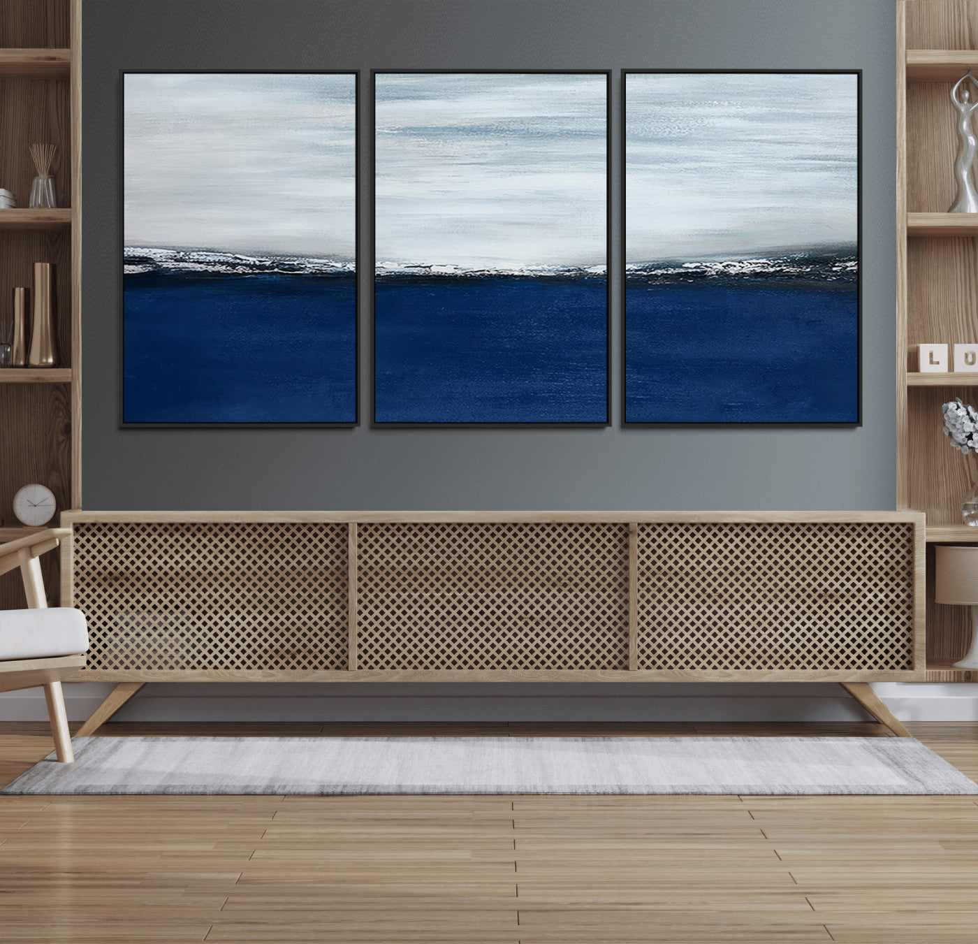 62197-MGV-CV-36X24-Abstract Ocean Wall Art – Minimalist Blue and White Canvas Print, Modern Coastal Seascape Painting for Bedroom, Living Room or